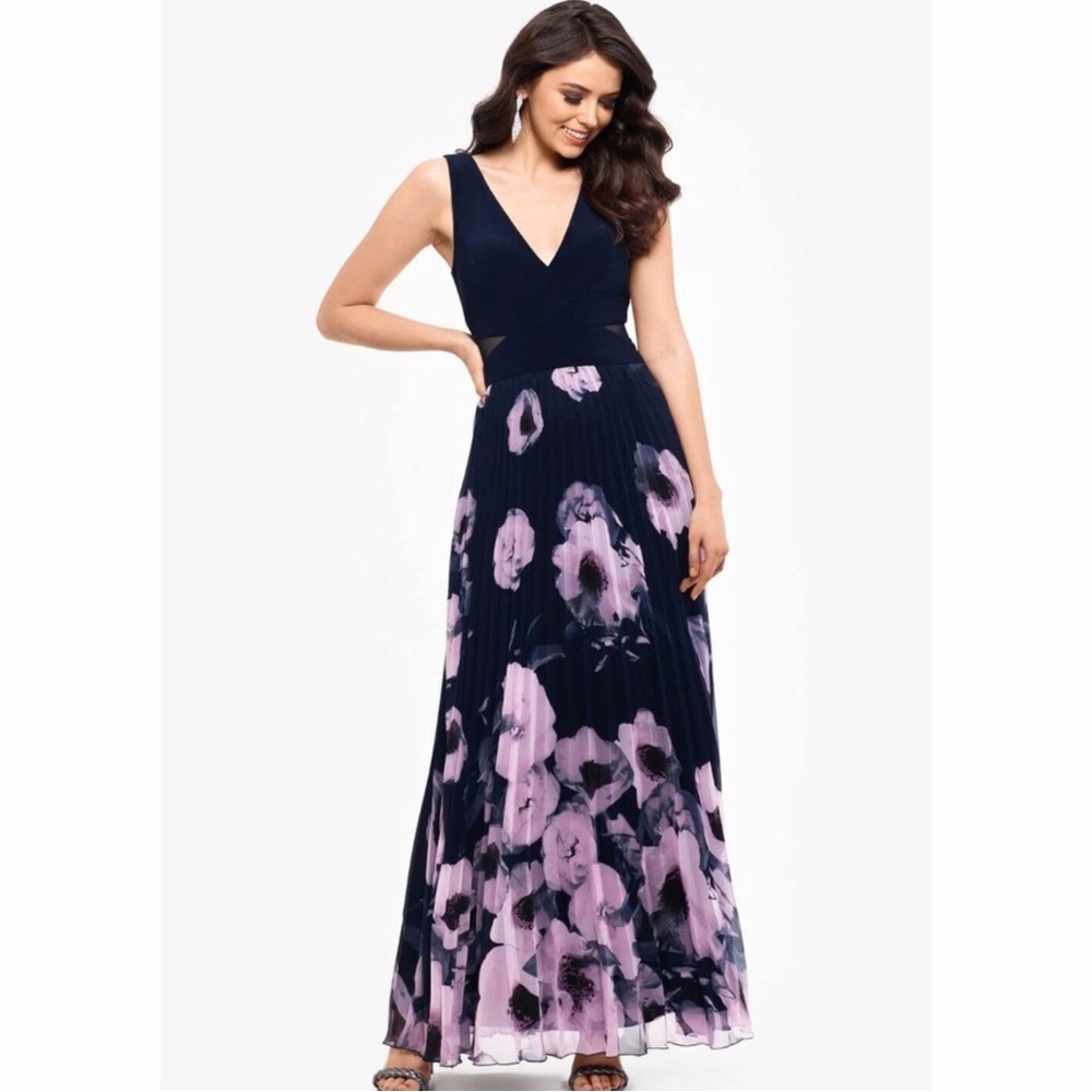 XSCAPE Illusion-Inset Floral Print Gown